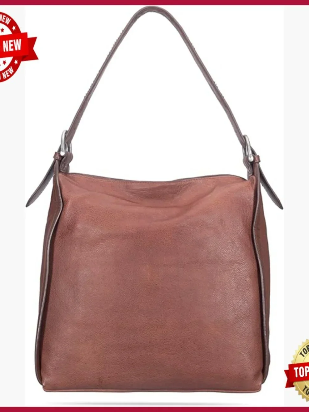 Genuine Leather Studded Hobo Bag with Zip Closure and Interior Pockets